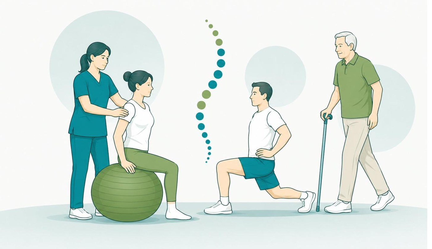 Encore physiotherapists guiding patients through spine and rehabilitation exercises